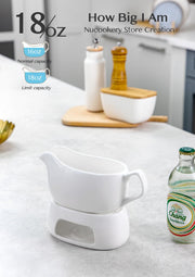 Nucookery Porcelain Gravy Boat with Warmer, 18 Ounce Capacity, White