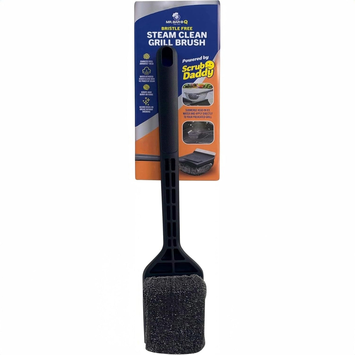 Steam Clean Bristle Free Grill Brush Powered by Scrub Daddy by Mr. Bar-B-Q – Stainless Steel, Black, Model 77101AMZSD