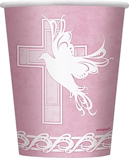 Unique Party 29886-9oz Pink Dove Cross Paper Christening Cups, Pack of 8