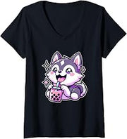 Women's Pastel Goth Alaskan Klee Kai Dog Bubble Tea V-Neck T-Shirt