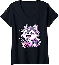 Women's Pastel Goth Alaskan Klee Kai Dog Bubble Tea V-Neck T-Shirt