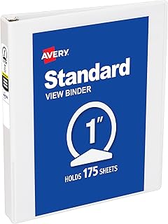 Avery Standard View 3 Ring Binder, 1" Round Rings, 1 White Binder