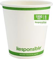 Responsible Products 6 oz Paper Hot Cups Bulk, Tree-Less™ Compostable Paper Coffee Cups, Extra Strength, Tree-Free and Made Without PFAS, White (1000 Count)