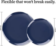 KIRE Plastic Plates, 200 Count with Silver Rim, Navy Blue