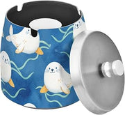 Cute Sea Lions Splash Ashtray with Lid, Outdoor Ashtrays for Patio