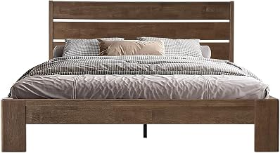 Queen Size Bed Frame with Headboard & Footboard, Solid Wood Platform Bed, Metal Legs, 12 Durable Slatted Structure, No Box Spring Needed, Anti-Slip & Noise-Free, Easy Assembly, Barnwood Finish QIQ-30