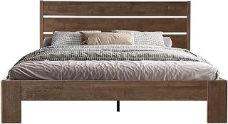 Queen Size Bed Frame with Headboard & Footboard, Solid Wood Platform Bed, Metal Legs, 12 Durable Slatted Structure, No Box Spring Needed, Anti-Slip & Noise-Free, Easy Assembly, Barnwood Finish QIQ-30