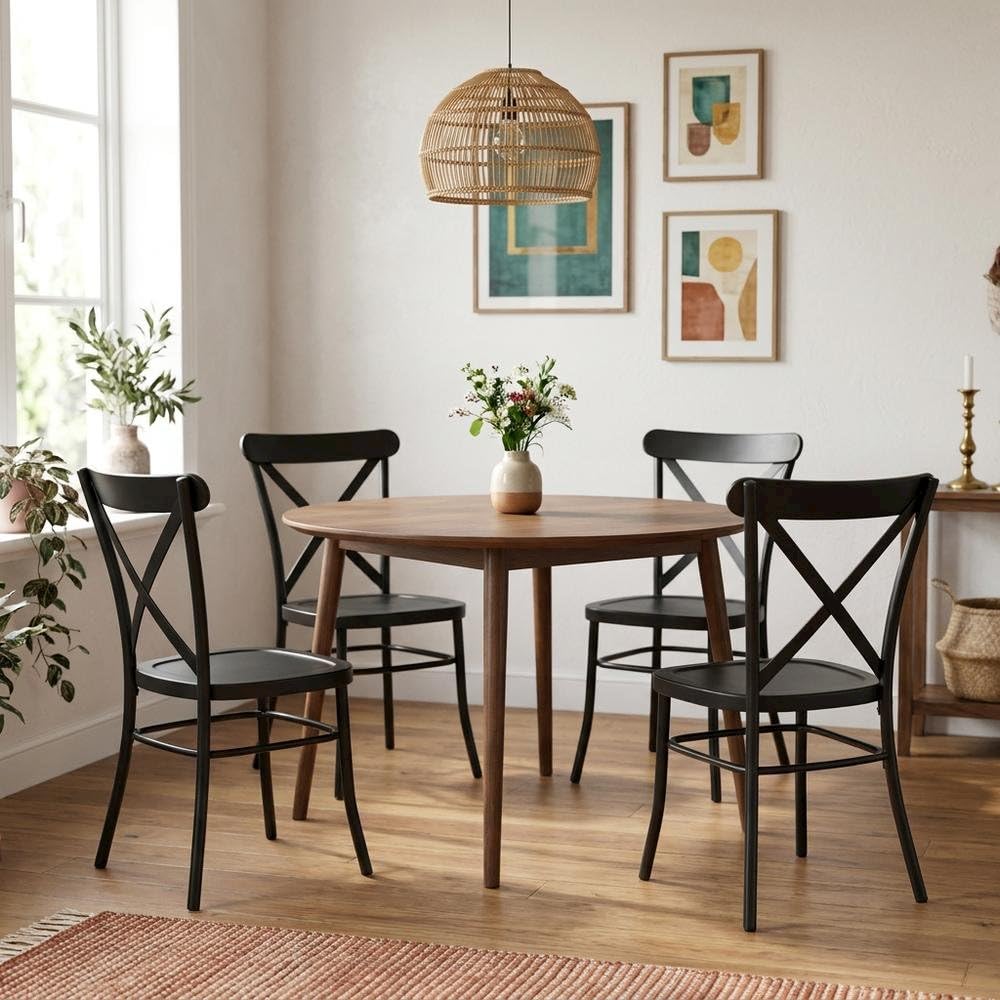 Black Metal Dining Chair Set with 4 Chairs by Furnifact – Steel 100.00%, Black, Pack of 4