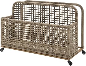 Distressed Gray Outdoor Pool Storage Caddy, Steel Wicker, 43 Inch Wide