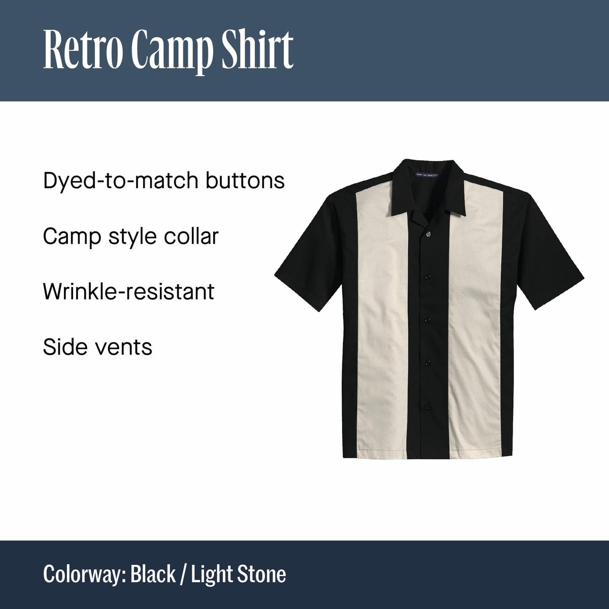 Men's Retro Short Sleeve Camp Shirt Black/Royal by Port Authority – X-Large, Polyester,Cotton, Black / Royal, Model SNM-250385