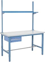 Global Industrial Production Workbench 60" W x 30" D, Plastic Square Edge with Drawer, Riser and Shelf, Blue