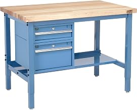 Global Industrial 48"W x 30"D Workbench, 1-3/4" Thick Maple Top Square with Drawers & Shelf, Blue