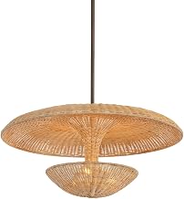 Troy Lighting Draco 3-Light Pendant | Bronze Leaf Finish | Handwoven Natural Wicker Shade | Mid-Century Reflector Inspired Ceiling Light | Sculptural Artisanal Design | 30" W x 15" H | F6230-BRL
