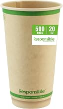 Responsible Products 20 oz Double Wall Insulated Paper Coffee Cups (500 Count) – Smooth Wall Insulated To Go Coffee Cups - Natural White, Compostable, Eco-Friendly, Disposable Hot Beverage Cups