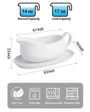 Kitchenlestar Ceramic Gravy Boat with Saucer, 17 oz, White