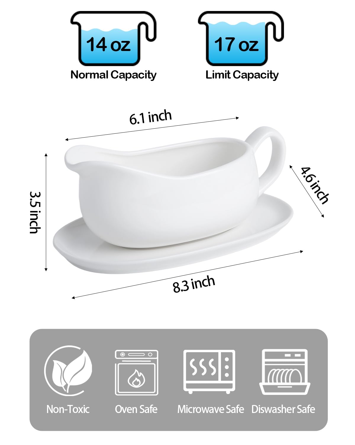 Kitchenlestar Ceramic Gravy Boat with Saucer, 17 oz, White