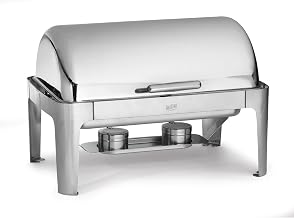 Tablecraft Roll Top Chafing Buffet Polished Stainless Steel Pan, Rectangular Full Size 7 Quart Dual Fuel Serving Tray For Commercial Foodservice, Banquets Catering Use, Slow Close Noise Reduction Lid