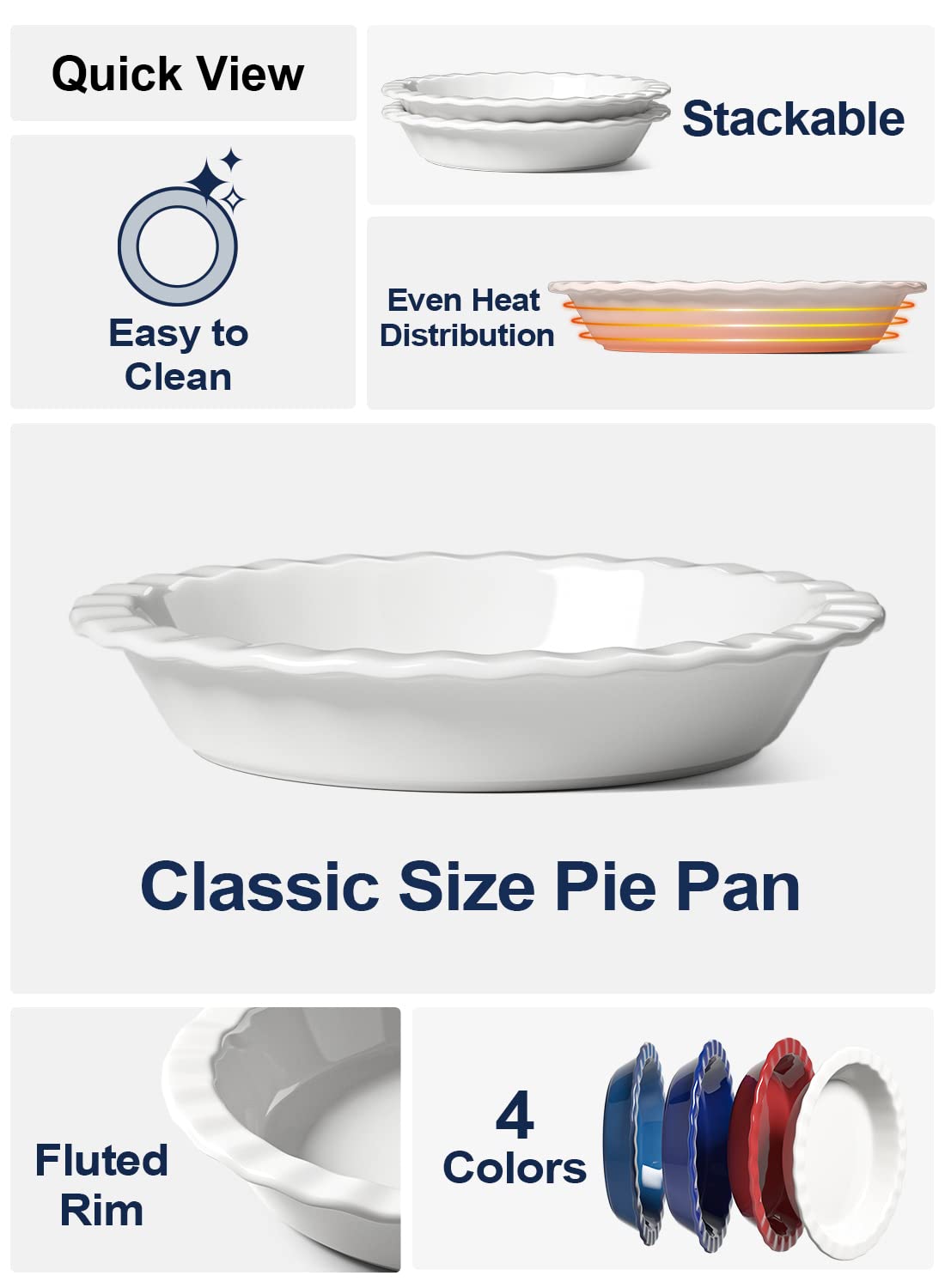 Le Tauci Ceramic Pie Dish, 9 Inch 36 Ounce, Set of 2, White