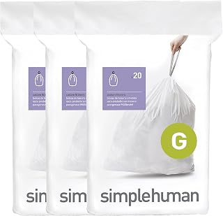 simplehuman Code G 60 Count Custom Fit Liners, Drawstring Kitchen Trash Bags, One-by-One Mess-Free Dispense, Extra Thick & Double Seamed, 50% PCR Plastic, 30 Liter / 8 Gallon, White