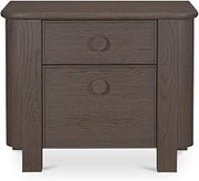 Loren Nightstand, Solid Oak Wood and Veneer, Two Drawers, Oversize Oak Handles, Soft Curved Corners, Dark Brown