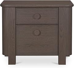 Loren Nightstand, Solid Oak Wood and Veneer, Two Drawers, Oversize Oak Handles, Soft Curved Corners, Dark Brown