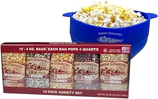 Amish Country Popcorn 4 Ounce Variety Kernel Gift Set (10 Pack Assorted) and Blue Silicone Popcorn Popper Bundle | Popper is BPA and PVC Free, Handles, Dishwasher Safe
