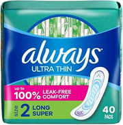 Always Ultra Thin Size 2 Super Pads Without Wings Unscented, 40 Count