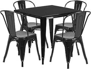 Flash Furniture 5-Piece Commercial 31.5" Square Metal Dining Table and Chairs Set, Indoor/Outdoor Dining Set with Table and 4 Stackable Chairs, Black