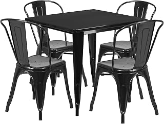 Flash Furniture 5-Piece Commercial 31.5" Square Metal Dining Table and Chairs Set, Indoor/Outdoor Dining Set with Table and 4 Stackable Chairs, Black