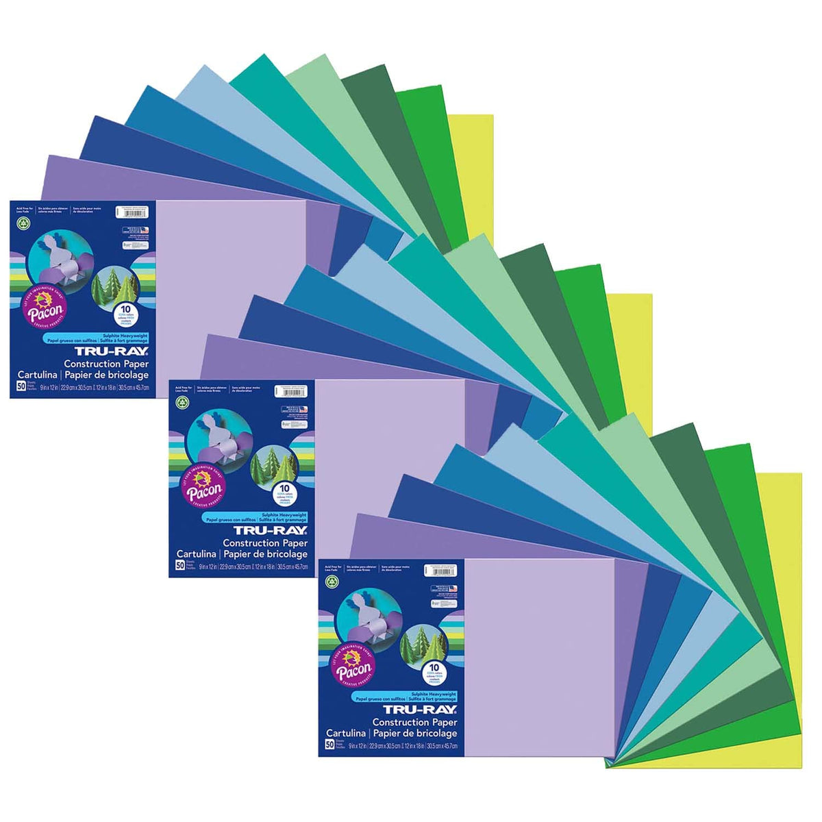 Tru-Ray Construction Paper by DIXON TICONDEROGA CO - PACON – 12" x 18", Paper, Cool Assorted, Pack of 3, Model PAC102943-3