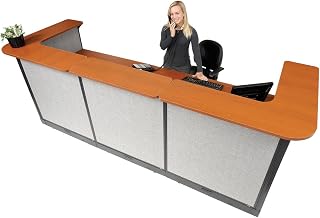 Global Industrial 124"W x 44"D x 46"H U-Shaped Electric Reception Station, Cherry Counter/Gray Panel