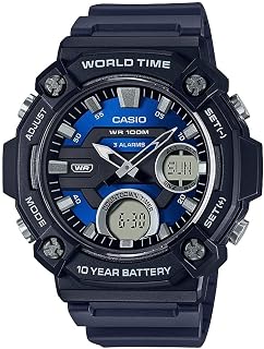 Casio AEQ120W Series | Men’s Analog-Digital Watch |100M Water Resistance | Multi Alarms | 100 SEC Stopwatch | Countdown Timer | World Map for World Time | LED Light | LC Display | 10 Yr Batt