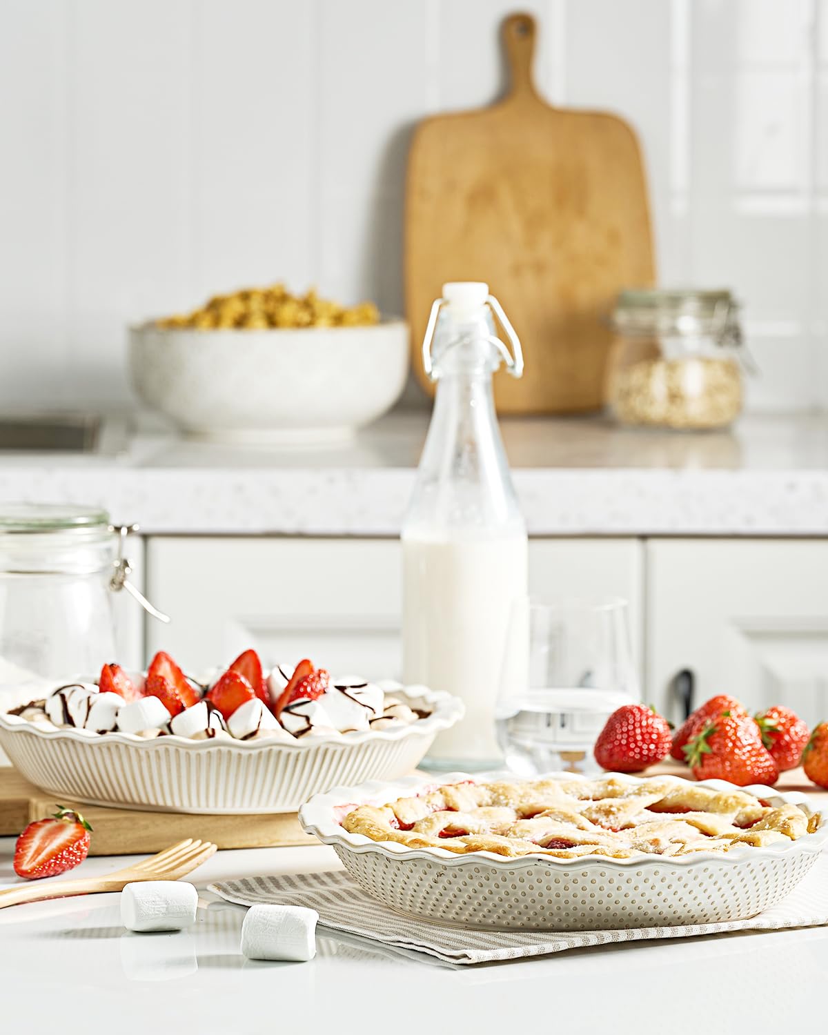 Getstar Ceramic Pie Pan Set, 9 Inch Deep Dish, Embossed Stripes and Dots
