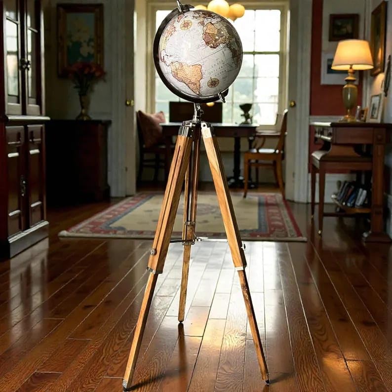 Wooden Tripod World Map Decor Explorer Home Office Accent Globe by Generic – Metal, Multicolor, Model Wtg-worldmap-001