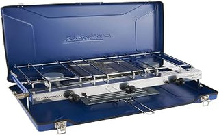 Campingaz Chef Folding Double Burner Stove and Grill, compact gas cooker for camping or festivals, Blue