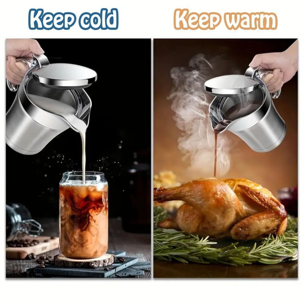 Thsinde Insulated Gravy Boat with Lid, 450ml Double Wall, Silver