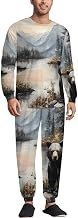 Black Bear Autumn Lakeside Mens Pajamas Set Silk Loungewear Soft Breathable Sleepwear