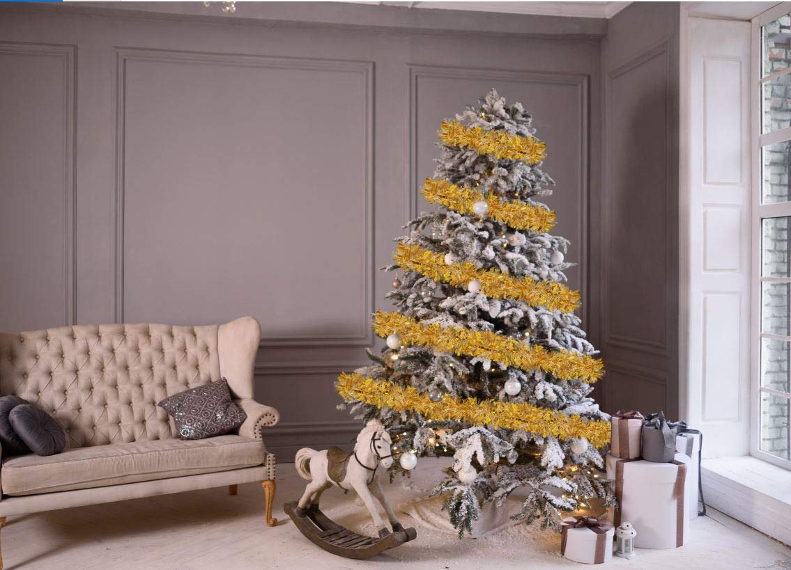 Christmas Tree Gold Tinsel Garland Wide Cut Gold Metallic Streamers Celebrate a Holiday New Years Eve Happy Party Ceiling Hanging Decorations Indoor and Outdoor Disco Party