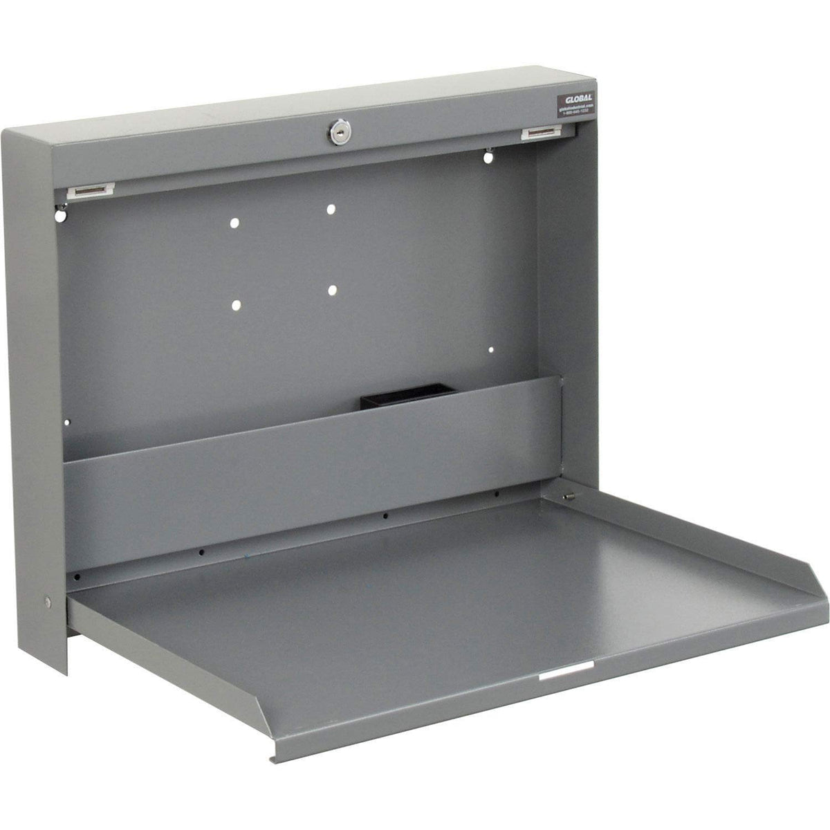 Wall Mounted Fold Down Shop Desk with keyed Lock by Global Industrial – 3.38"L x 20"W x 16.38"H, Steel, Grey, Model 319391