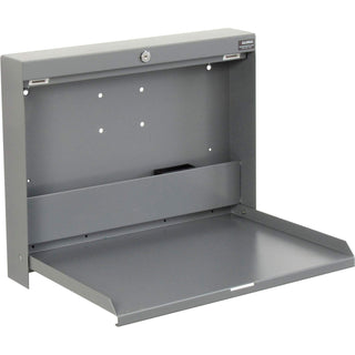 Wall Mounted Fold Down Shop Desk with keyed Lock by Global Industrial – 3.38"L x 20"W x 16.38"H, Steel, Grey, Model 319391
