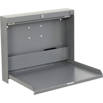 Wall Mounted Fold Down Shop Desk with keyed Lock by Global Industrial – 3.38"L x 20"W x 16.38"H, Steel, Grey, Model 319391