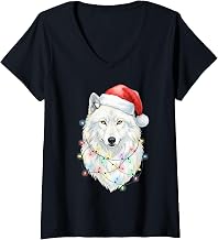 Women's White Wolf Christmas Lights Festive Xmas Arctic Animal V-Neck T-Shirt