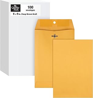 Quality Park 6 x 9 Clasp Envelopes, Clasp and Gummed Closures for Storing or Mailing, 28 lb Kraft Paper, 100 per Box (QUA37855)