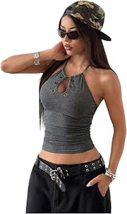 Women's Y2k Halter Crop Tops Open Back Cut Out Sleeveless Going Out Tops