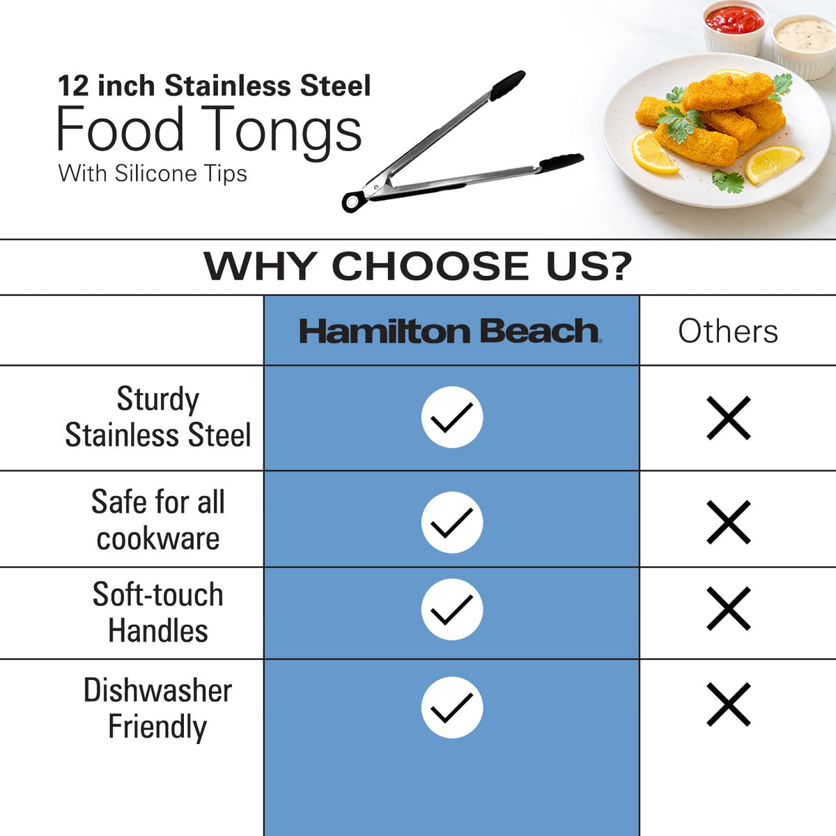 Stainless Steel 12in Food Tong with Silicon Top by Hamilton Beach – Tongs, Stainless Steel, Black, Model HGA107