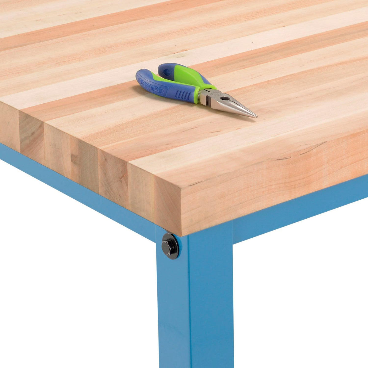 Adjustable Height Production Workbench by Global Industrial – 36"L x 60"W x 5"H, Maple, Blue, Model 606985BL