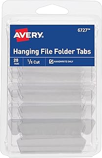 Avery Hanging File Folder Tabs and Inserts, 1/5 Cut, Clear, 20 File Folder Tabs and Inserts Total (06727)