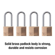 Master Lock 4 Pack / Extra Long Shackle / Brass, Silver Keyed Padlocks