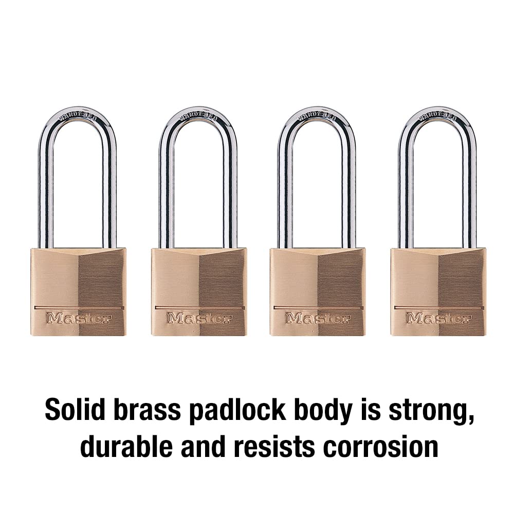 Master Lock 4 Pack / Extra Long Shackle / Brass, Silver Keyed Padlocks