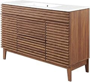 Furnifact Walnut White Bathroom Vanity, Floor-Mount, 48 Inch, Single Ceramic Sink, MDF Cabinet, Centerset Faucet Ready, Freestanding